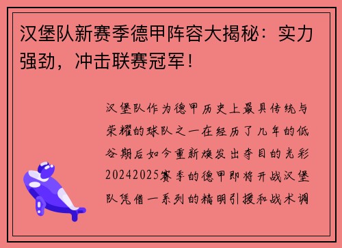 汉堡队新赛季德甲阵容大揭秘：实力强劲，冲击联赛冠军！