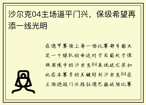 沙尔克04主场逼平门兴，保级希望再添一线光明